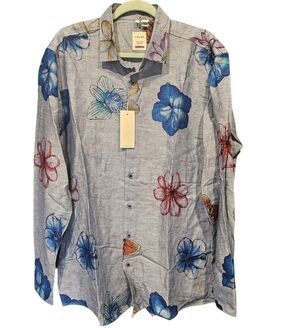 Mens Haupt Germany XL Woven Linen Cotton Button Down Shirt Floral Modern Fit NWT